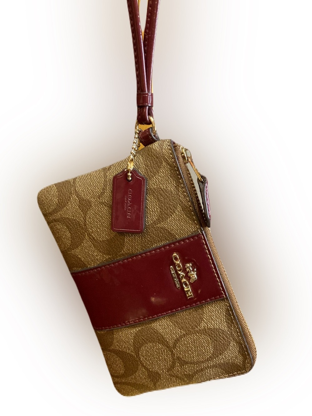 Coach Signature Corner Zip Wristlet with Stripe- Khaki Brown and Cherry Red EUC